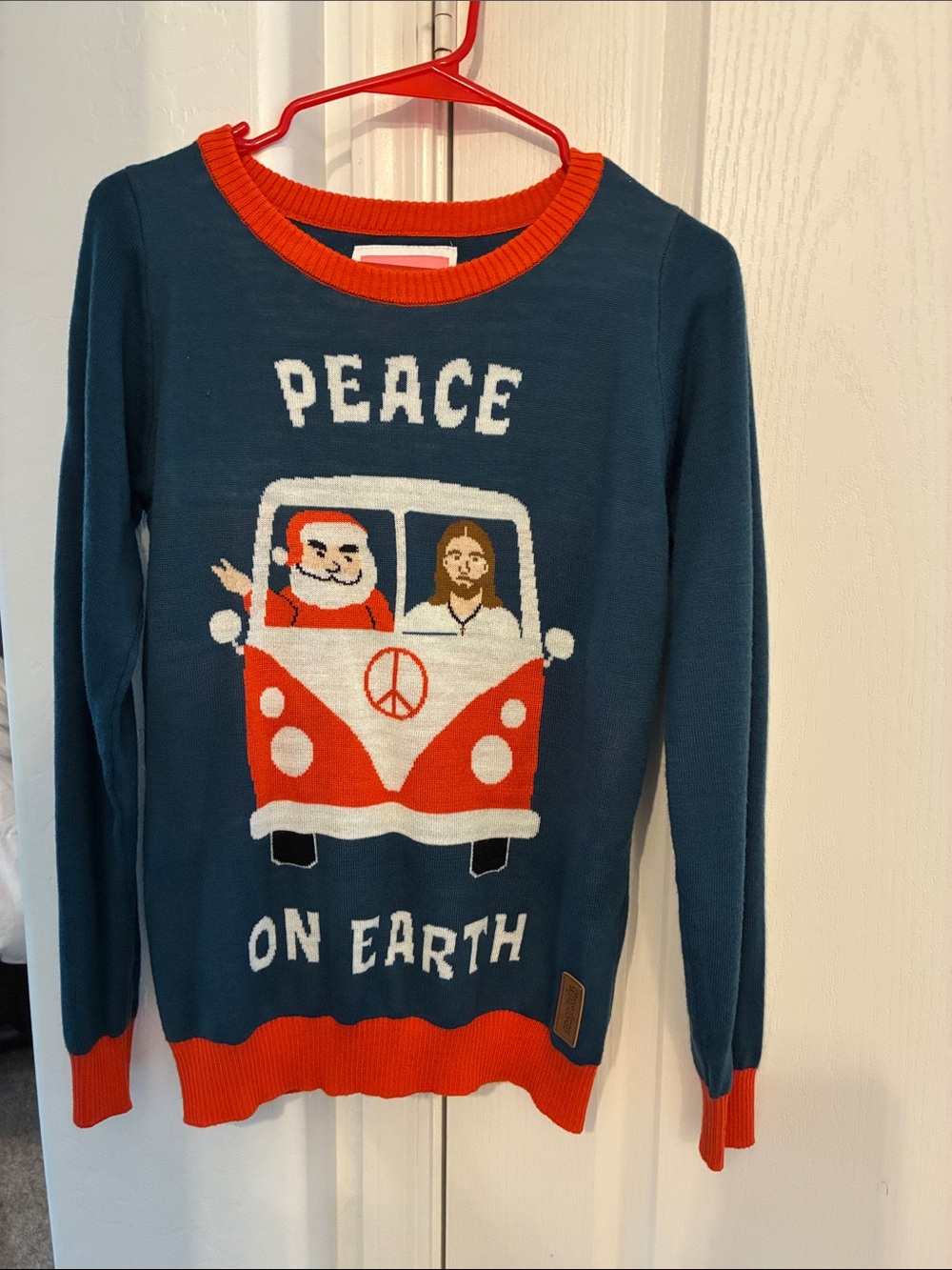 Tipsy Elves Teal & Orange Peace On Earth Graphic Crewneck Sweater